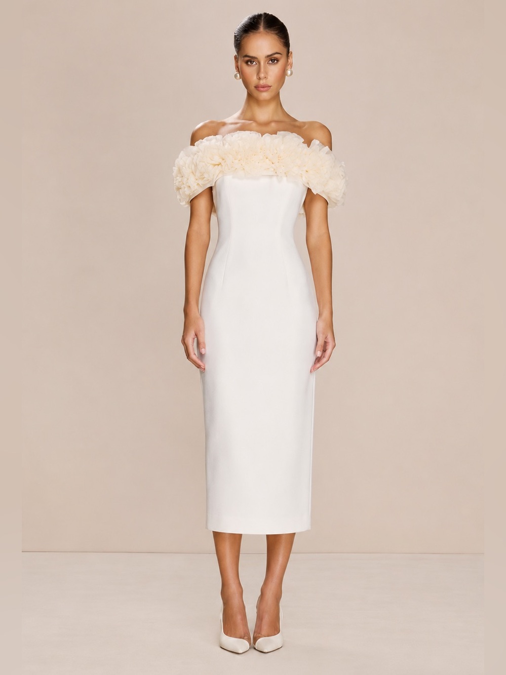 Sonya Moda Sorrento Cream Floral Tulle Off-Shoulder Midi Gown size S NWT